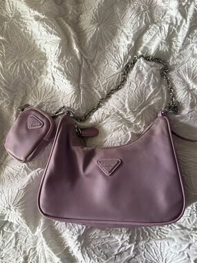 Prada Soft Lilac Nylon Shoulder Bag with Coin Pouch and Silver Chain